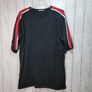 Zara Trafaluc Women's Black Cotton Shift Dress Tuxedo Stripe Sleeves Size Large.